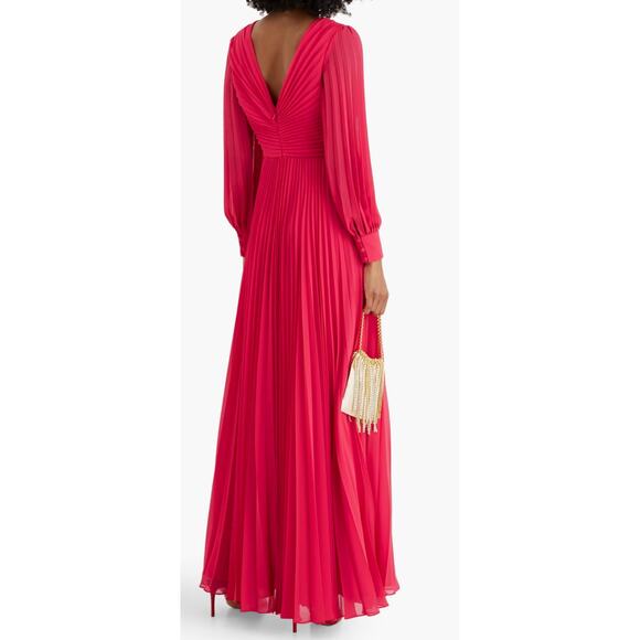 Bagdley Mischka Plisse pleated chiffon formal gown ($795) Pink long sleeve 2 - Picture 4 of 11